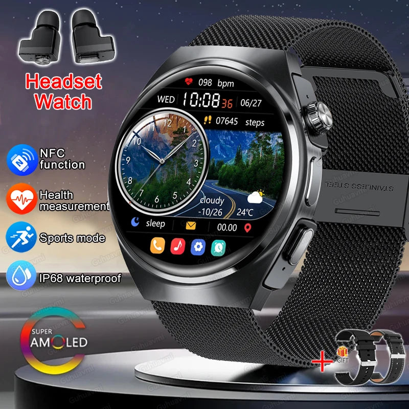 2025 New Man Smart Watch TWS Headset Two In One Wireless Bluetooth Dual Earbuds Call Health Monitor Sport Tracker NFC Smartwatch - Maliame Store