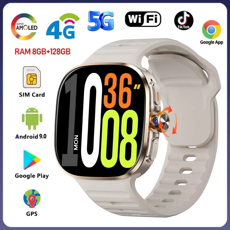 Montre Intelligente 5G/4G Tout Réseau Appel Vidéo sur Grand Écran HD 2,40 pouces 720*720 8 Go+128 Go de RAM Google Play WIFI GPS Smartwatch 2100 mAh