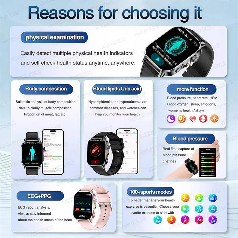Nouvelle montre intelligente ECG de diagnostic de santé précis pour hommes, tension artérielle, oxygène sanguin, graisse sanguine, acide urique, température, appel Bluetooth