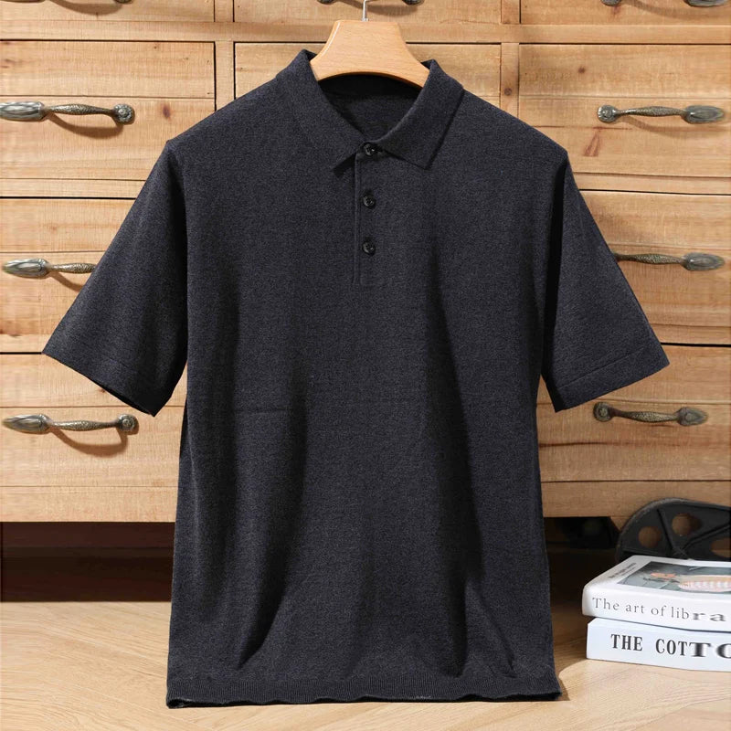100% merino sweater summer men's lapel pullover short sleeve POLO neck sweater loose top knitted clothing plus size T-shirt - Maliame Store