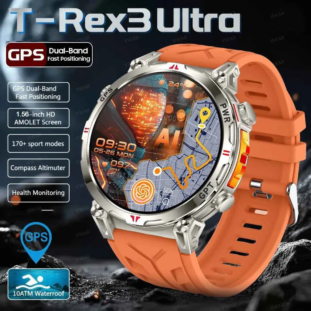 New T-Rex 3 Pro Military Smart Watch - Dual-Band GPS, 10ATM Water-Resistant, 560mAh Battery, Compass, Altimeter, AGPS for Men - Maliame Store