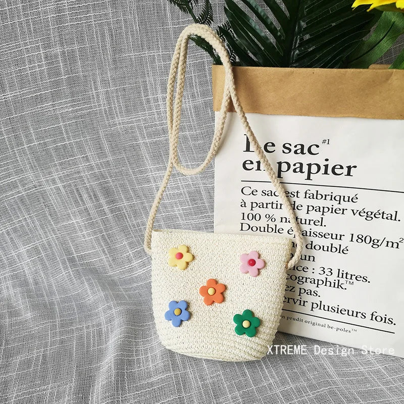 Summer Children's Straw Woven Messenger Bag Lovely Girls Small Coin Purse Handbags Baby Kids Mini Shoulder Bags Princess Wallet - Maliame Store
