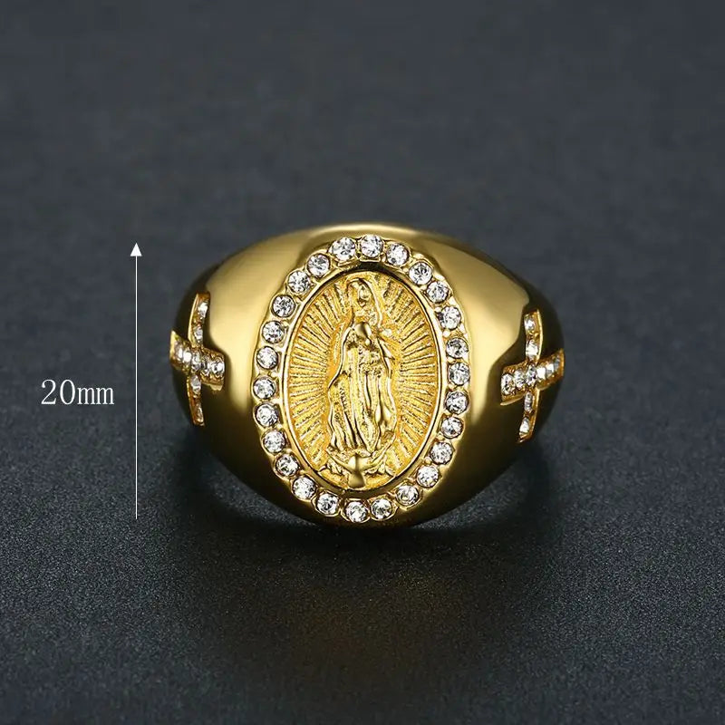New arrival US 6-13 size Men's Gold color Cubic Zirconia Our Lady of Guadalupe Virgin Mary Ring Religious Ring