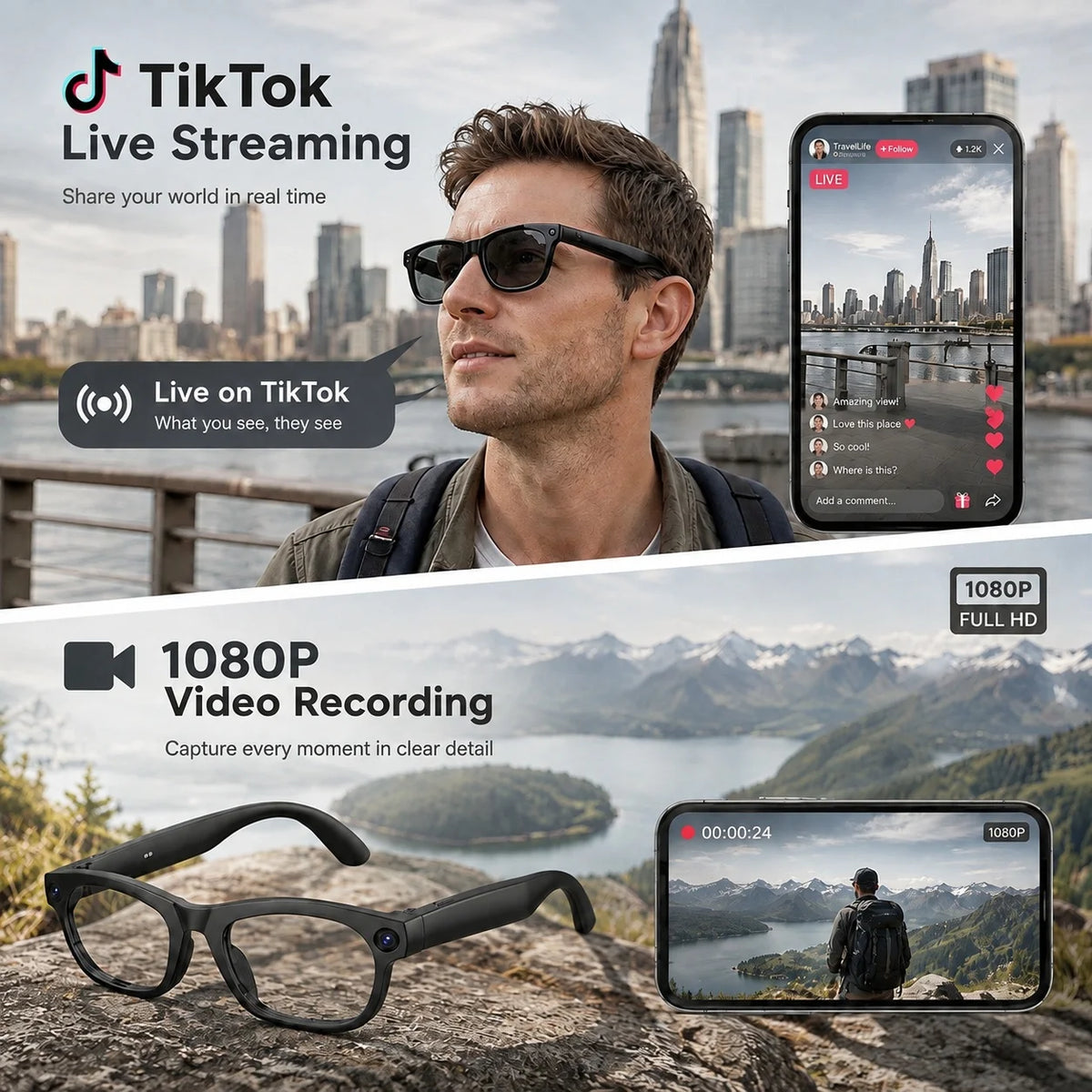 Lunettes intelligentes avec IA et caméra 13 Mpx