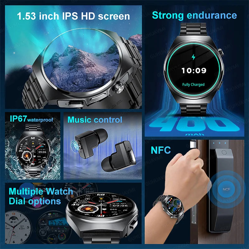 2025 New Man Smart Watch TWS Headset Two In One Wireless Bluetooth Dual Earbuds Call Health Monitor Sport Tracker NFC Smartwatch - Maliame Store