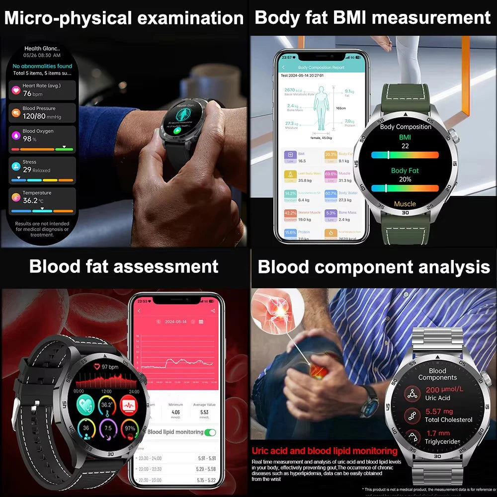 2025New Micro Physical Examination Blood Lipids Uric Acid Blood Pressure Smart Watch ECG+PPG Clock Bluetooth Call Smartwatch Men