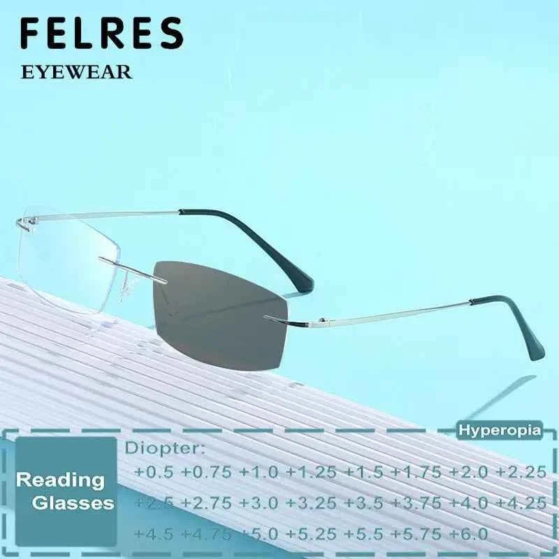 Square Titanium Alloy Rimless Photochromic Gray Reading Glasses Men Women Presbyopia Readers Color Changing Gray Sunglasses - Maliame Store