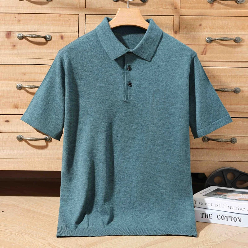 100% merino sweater summer men's lapel pullover short sleeve POLO neck sweater loose top knitted clothing plus size T-shirt - Maliame Store