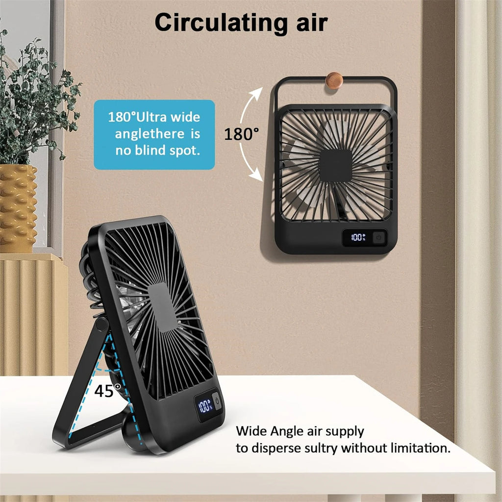 Ventilateur Bureau Pliable USB Rechargeable – 5 Vitesses, Inclinaison 180°, Affichage Batterie