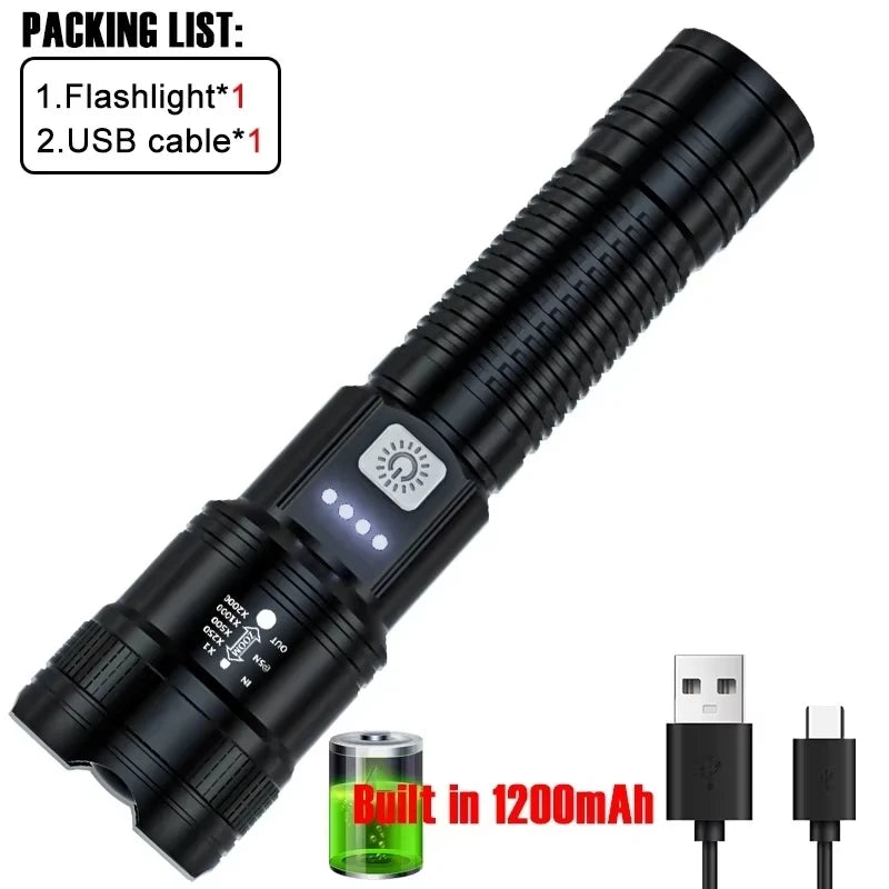 High Strong Power Led Flashlights 2000LM Tactical Torch with Display Light USB Charging Camping Fishing Emergency Zoom Lantern - Maliame Store