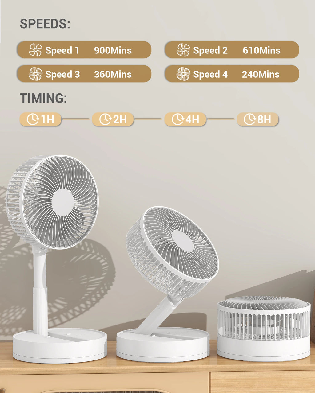 Ventilateur de bureau oscillant portable KASYDoFF, 8 pouces et 5400 mAh, fonctionnant sur batterie USB avec 4 vitesses de flux d'air puissant, ventilateur personnel pliable