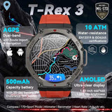 Reloj inteligente militar T-Rex 3 Pro con GPS de doble banda integrado, brújula, resistente al agua hasta 10 ATM e IP69K, altímetro barométrico y pulsera deportiva.