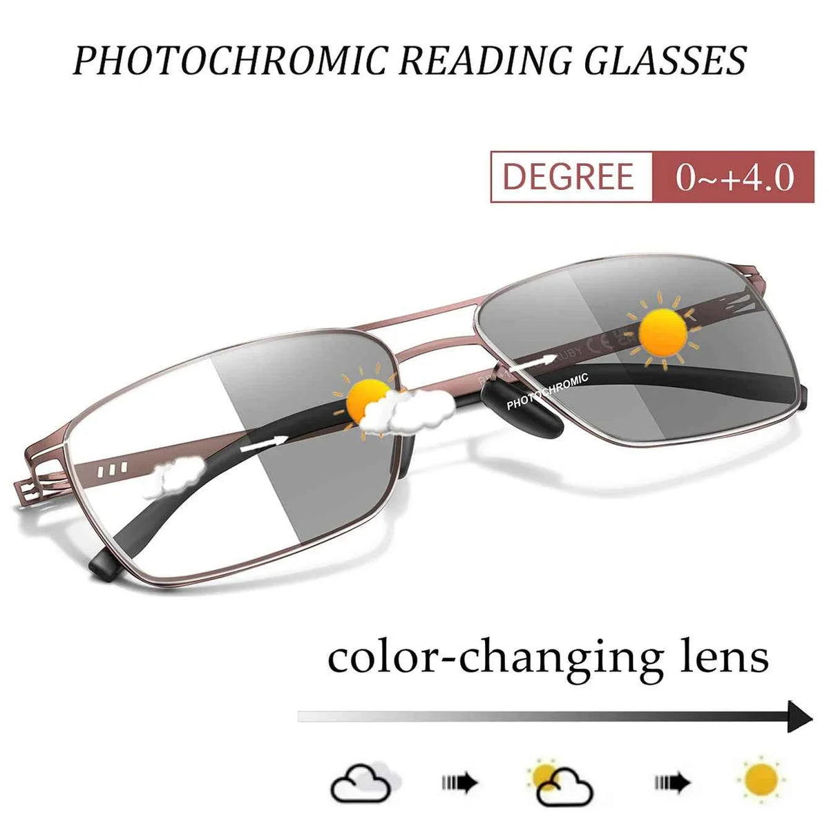 Metal Anti-Blue Light Photochromic Reading glasses Rectangular Eyewear Frame Presbyopic Unisex Surf Internet Read magazines - Maliame Store