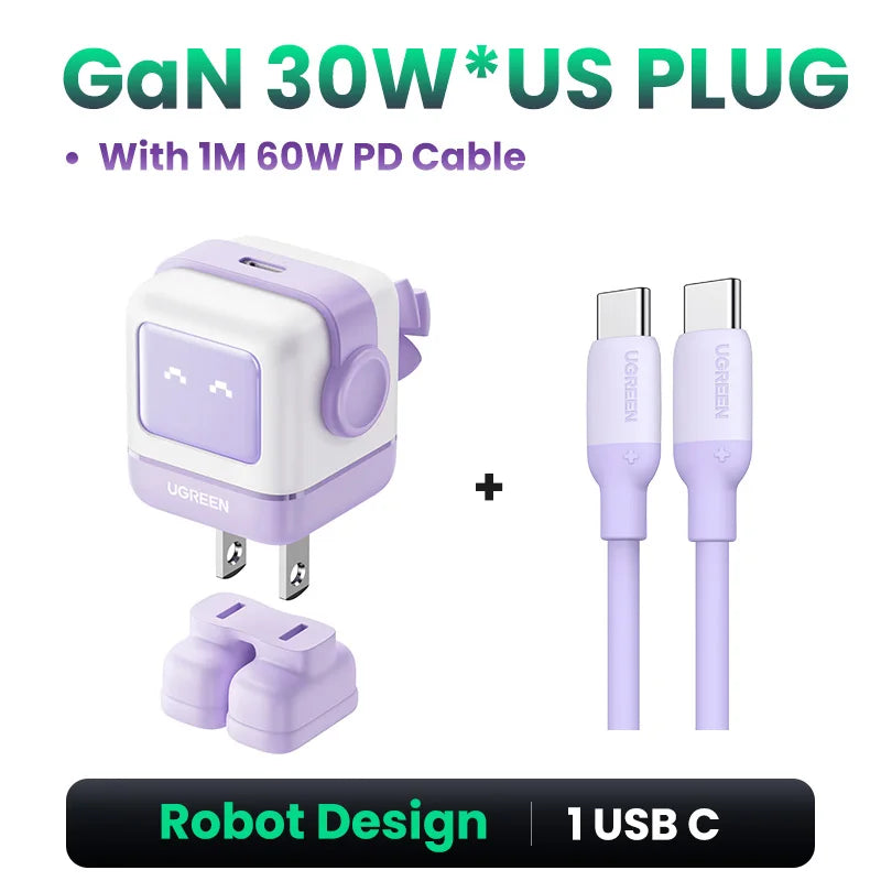 【US Plug】UGREEN 30W 65W GaN Charger Robot Design PD3.0 Fast Charger PPS for iPhone 17 16 Macbook Laptops Samsung XiaomiTablets - Maliame Store