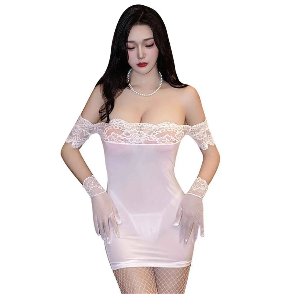 Sexy Women Off Shoulder Cute Tight Dress Oil Glossy Shiny Micro MINI Dress Sheer See Through Package Hip Sweet Maid Dress