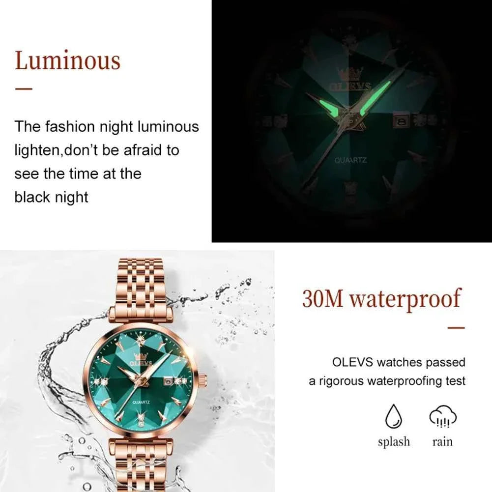 OLEVS Women Luxury Watch Stainless Steel Quartz with Zircon Scale - Original Fashion Automatic Date Ladies Watch - Maliame Store