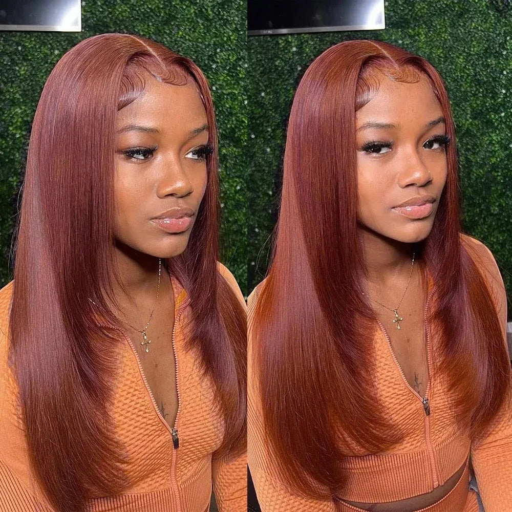 HD Straight Lace Front Wig Layered Wigs Reddish Brown Layered Cut Lace Wigs Copper Red Synthetic Butterfly Haircut Glueless Wigs - Maliame Store