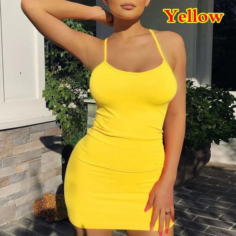 Summer Spaghetti Strap Mini Dress 2025 Women Sexy Bodycon Club Party Dresses Short Female Camisole Solid Black Sheath Sundress - Maliame Store