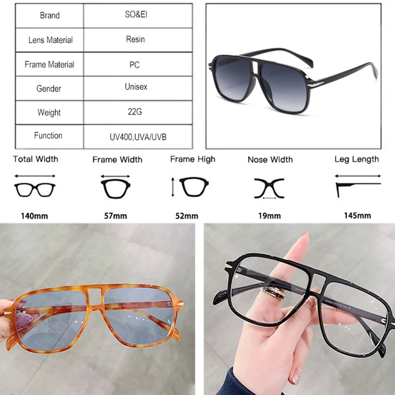 SO&EI Fashion Double Bridges Men Pilot Sunglasses Retro Clear Blue Shades UV400 Women Trending Square Rivets Sun Glasses - Maliame Store