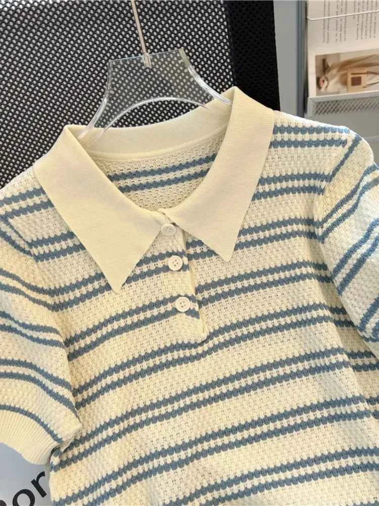 2024 Striped Short Sleeve Women's T-Shirt - Polo Neck Knitting Slim Fit Top for Women S145 - Maliame Store