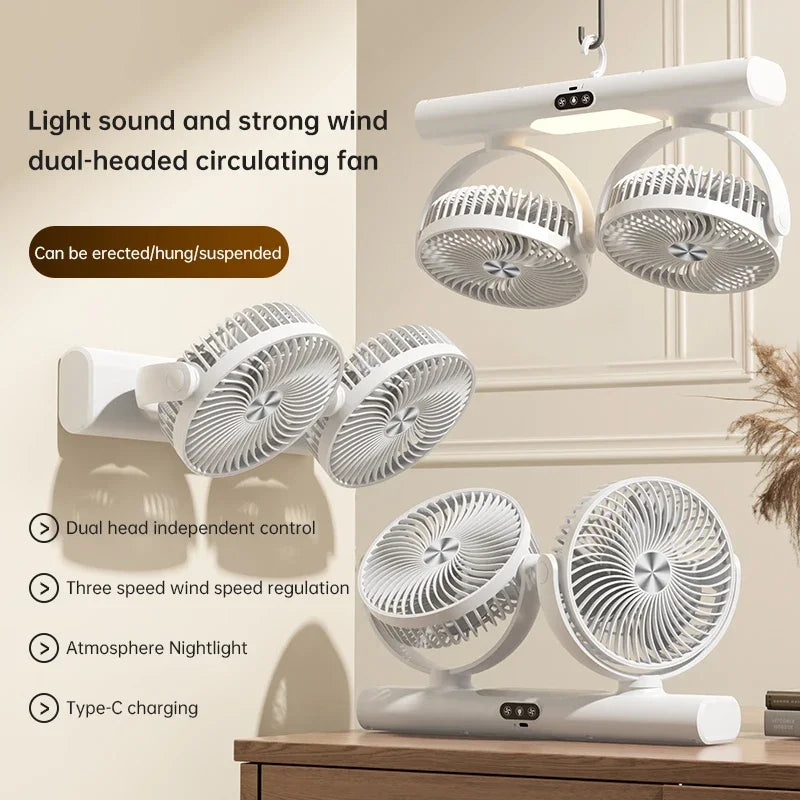 Ventilateur Double Tête Rechargeable – 3 Vitesses, Charge Type-C & Veilleuse