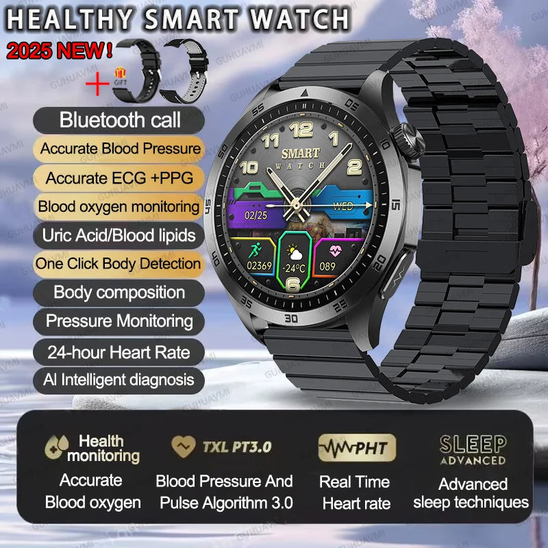 2025New Micro Physical Examination Blood Lipids Uric Acid Blood Pressure Smart Watch ECG+PPG Clock Bluetooth Call Smartwatch Men