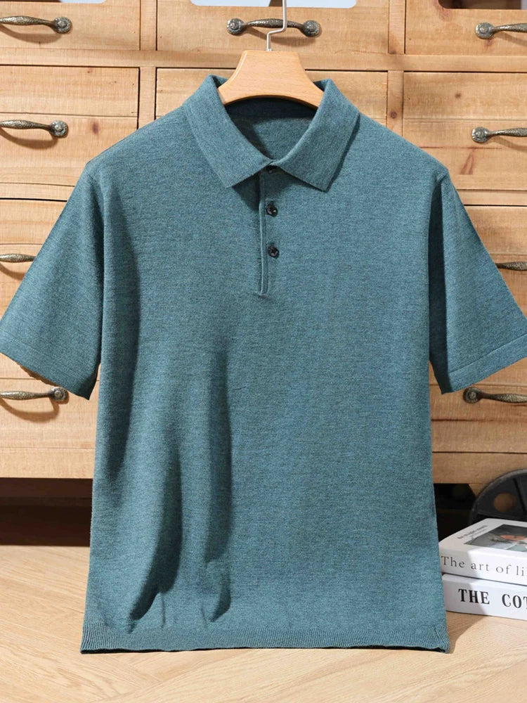100% merino sweater summer men's lapel pullover short sleeve POLO neck sweater loose top knitted clothing plus size T-shirt - Maliame Store
