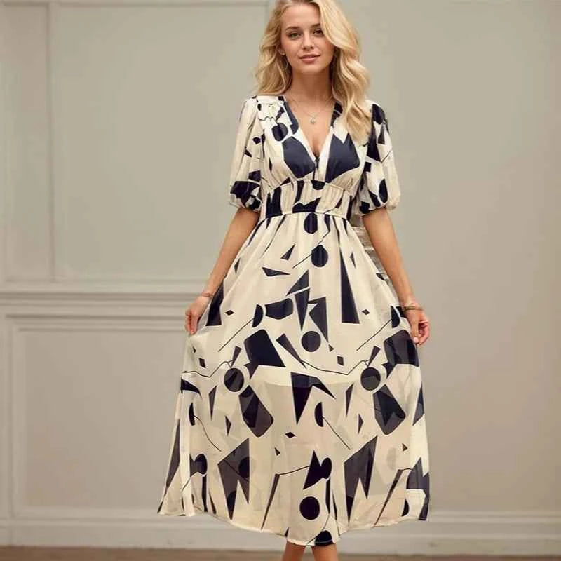 Sexy V Neck Dress For Women Luxury Deep V Neck Quarter Sleeve Elastic Waist Floral Dresses Casual Resort Tea Break A-Line Dress