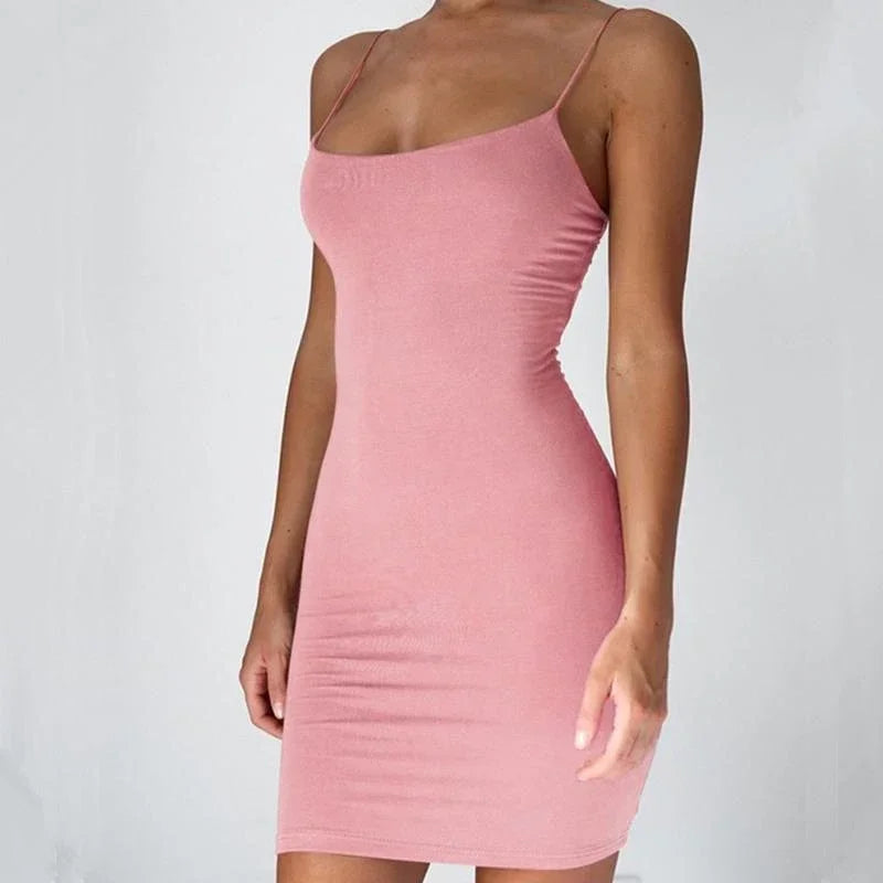 Summer Spaghetti Strap Mini Dress 2025 Women Sexy Bodycon Club Party Dresses Short Female Camisole Solid Black Sheath Sundress - Maliame Store