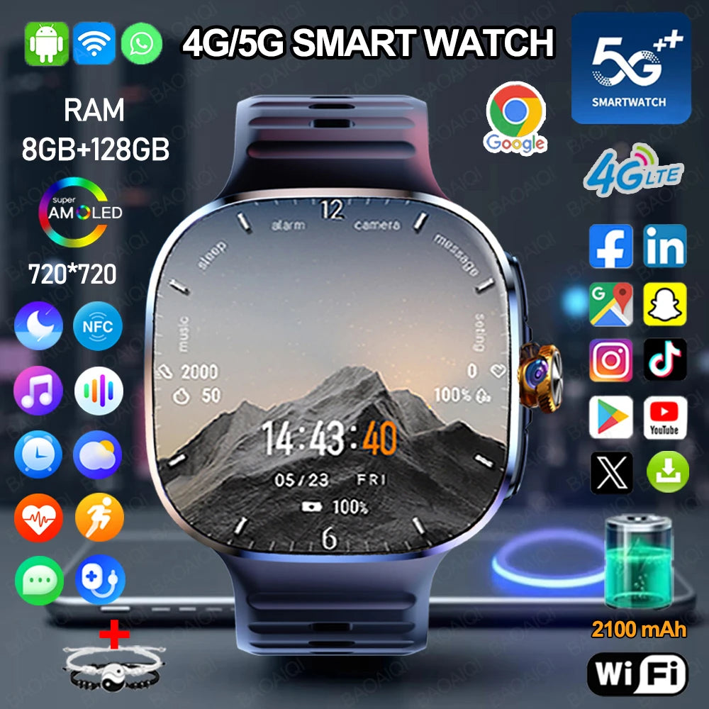 5G/4G Full Network Smart Watch 720*720 2.40 inch HD Big Screen Video Call 8GB+128GB RAM Google Play WIFI GPS Smartwatch 2100 mAH