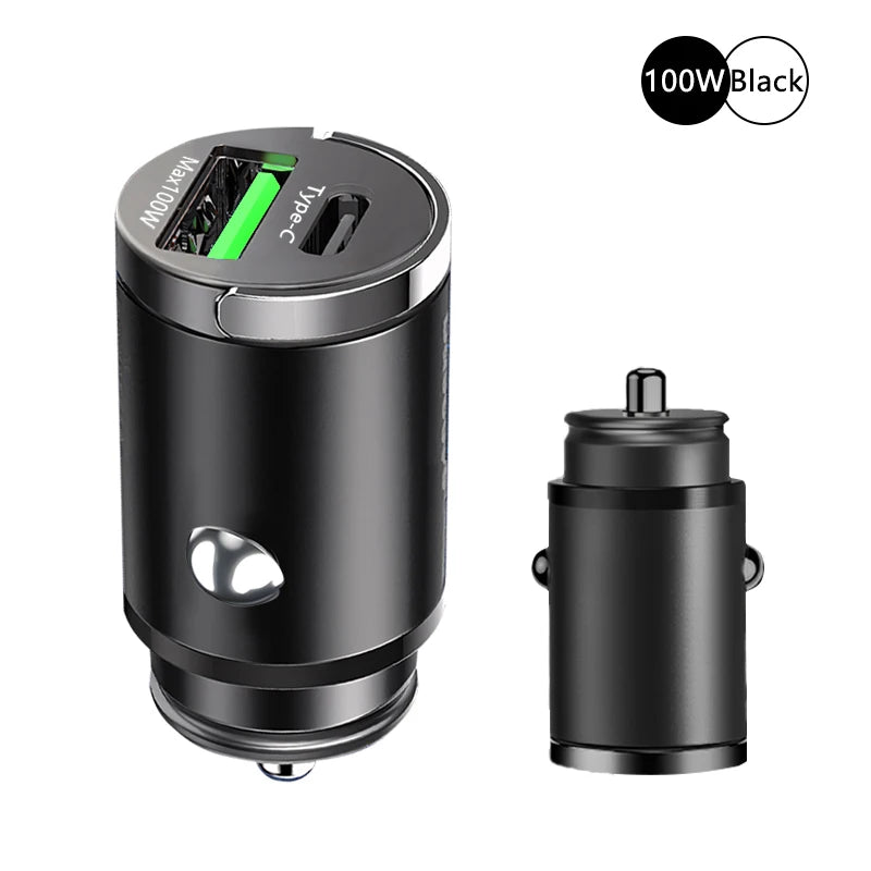 100W Mini Car Charger Lighter Fast Charging for iPhone QC3.0 Mini PD USB Type C Car Phone Charger for Xiaomi Samsung Huawei - Maliame Store