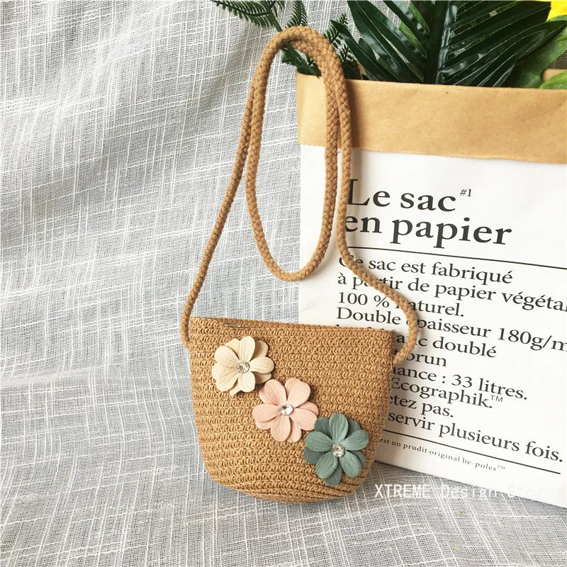 Summer Children's Straw Woven Messenger Bag Lovely Girls Small Coin Purse Handbags Baby Kids Mini Shoulder Bags Princess Wallet - Maliame Store