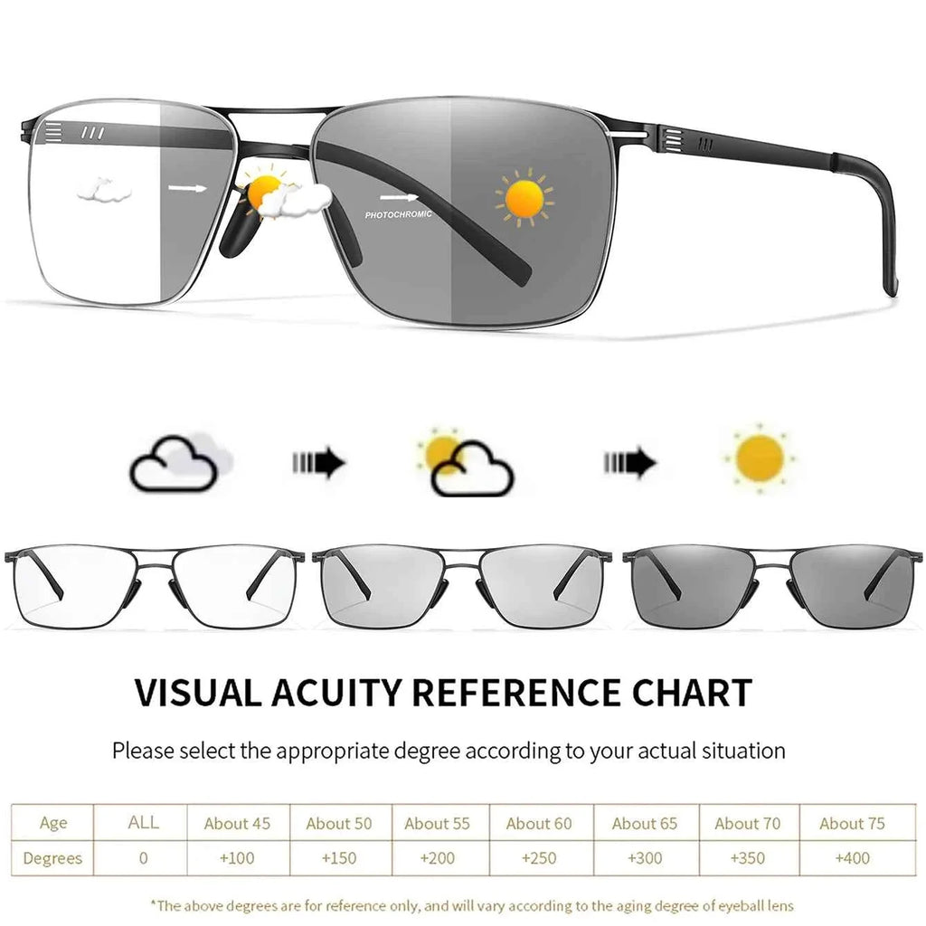 Metal Anti-Blue Light Photochromic Reading glasses Rectangular Eyewear Frame Presbyopic Unisex Surf Internet Read magazines - Maliame Store