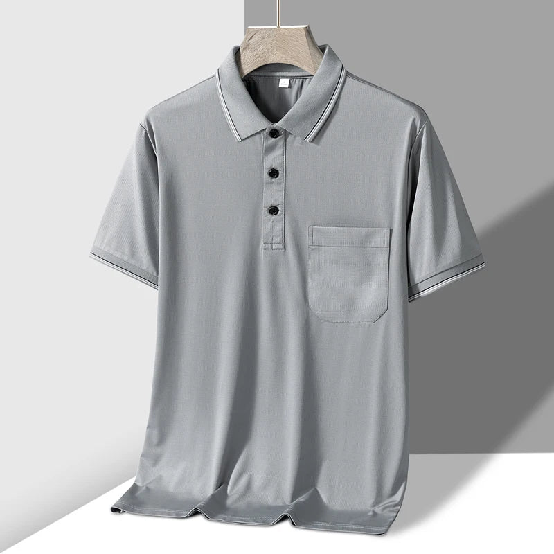 TFETTERS Polo Mens Tshirt for Dady Short Sleeve Turn Down Collar Business Anti-wrinkle Real Pocket Design Polo Shirt Man - GigaDeals