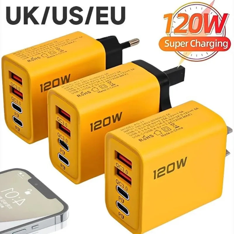 120W Fast Charging 4 Ports Mobile Phone Charger QC3.0 USB Type C Chargers Dual PD Wall Adapter EU/US/UK Plug for iPhone15 Xiaomi - Maliame Store