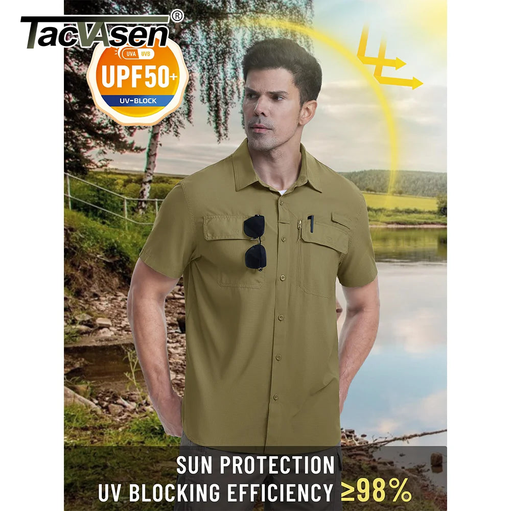 TACVASEN Quick Dry Short Sleeve Shirts Men's UPF 50+ Sun Protection Work Cargo Shirts Mesh Breathable Hiking Fishing Shirts Man - Maliame Store