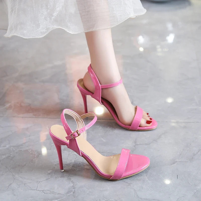 Large Sandals for Women 2025 New Fashion Round Toe Soft Leather Solid Color One Line With High Heel Sandals for Women - Maliame Store