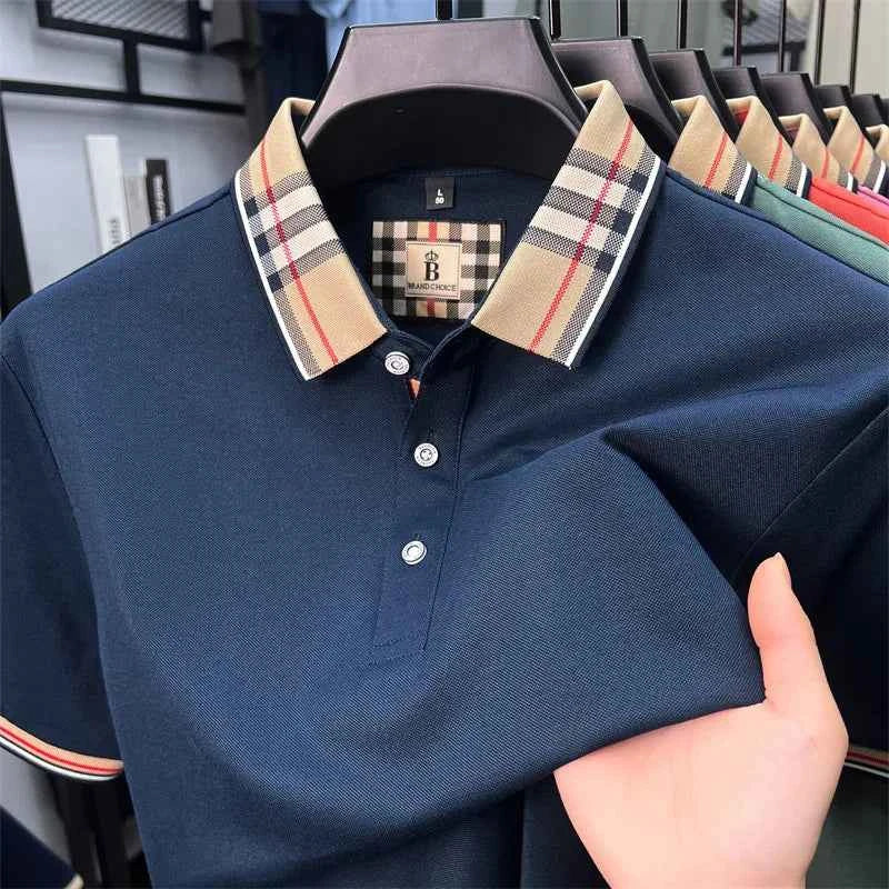 Luxury brand short sleeve polo shirt men's summer new silk cotton breathable fashion top casual business plaid lapel T-shirt - Maliame Store