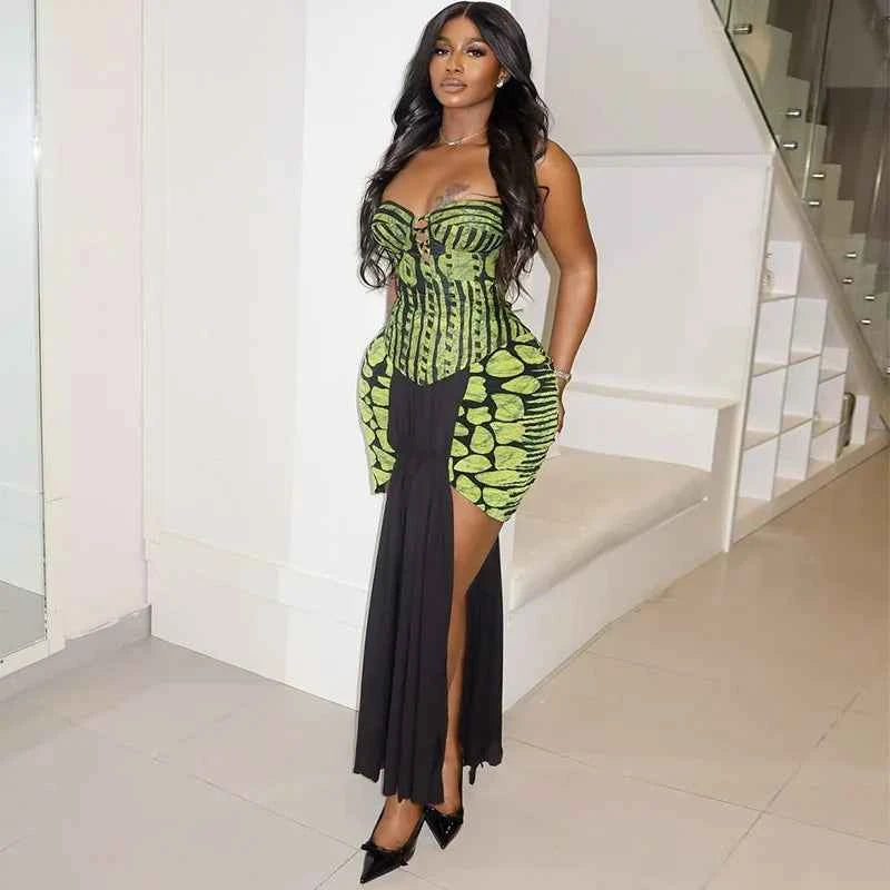 Sexy Party Printed Dress For Woman 2025 Strapless Sleeveless Package Hip Ribbon Bodycon Elegant Classy Slim African Female Gowns