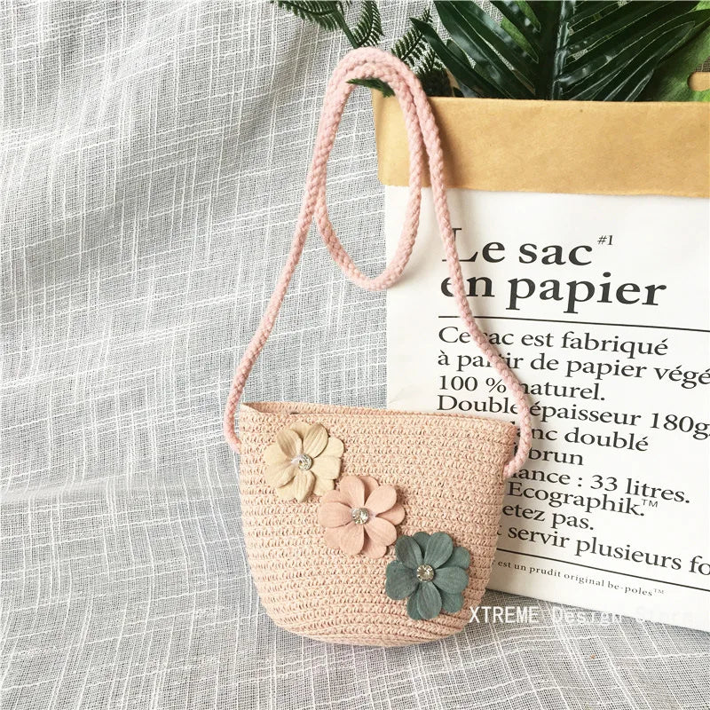 Summer Children's Straw Woven Messenger Bag Lovely Girls Small Coin Purse Handbags Baby Kids Mini Shoulder Bags Princess Wallet - Maliame Store