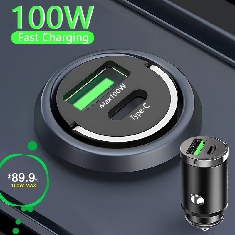 100W Mini Car Charger Lighter Fast Charging for iPhone QC3.0 Mini PD USB Type C Car Phone Charger for Xiaomi Samsung Huawei - Maliame Store