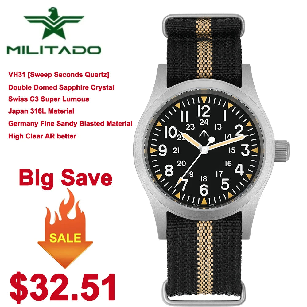 Militado ML05 38mm Military Field Watch VH31 Sweep Quartz Movement Domed Sapphire Crystal Waterproof 100M Super Luminous Watches