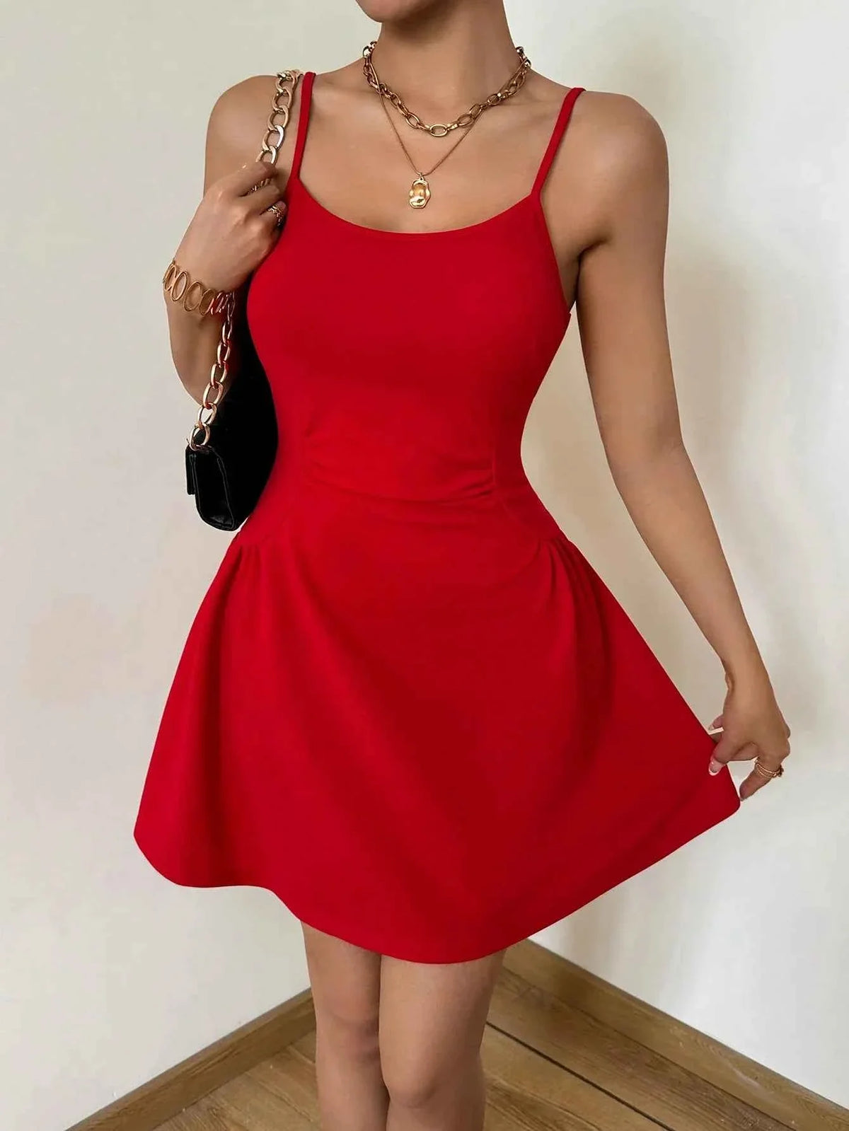 A lady's cinched waist, tight red halter top, A-line mini dress, elegant vacation, daily dance, party - Maliame Store