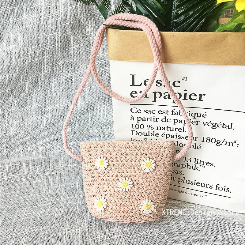 Summer Children's Straw Woven Messenger Bag Lovely Girls Small Coin Purse Handbags Baby Kids Mini Shoulder Bags Princess Wallet - Maliame Store
