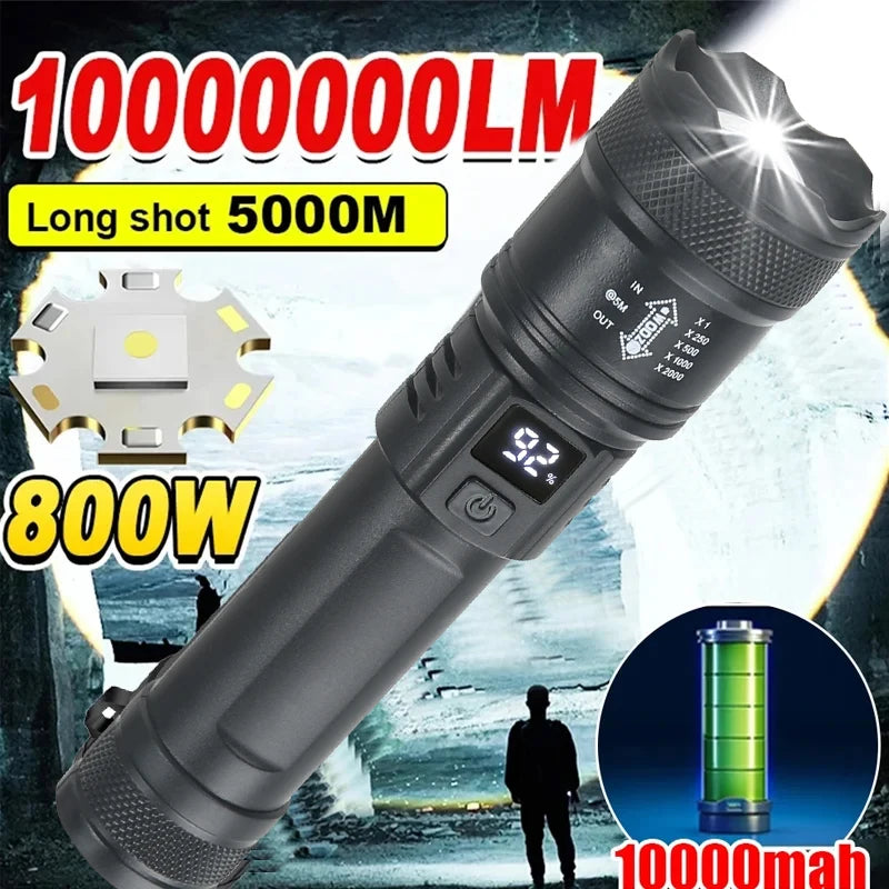 High Strong Power Led Flashlights 2000LM Tactical Torch with Display Light USB Charging Camping Fishing Emergency Zoom Lantern - Maliame Store