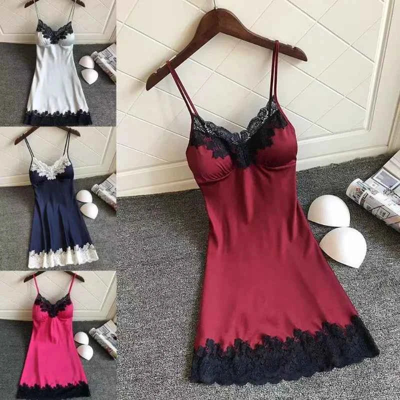Sexy Women  Silk Robe Dress Nightdress Soft Lace Casual Nightgown Straps Sleepwear Nightdres