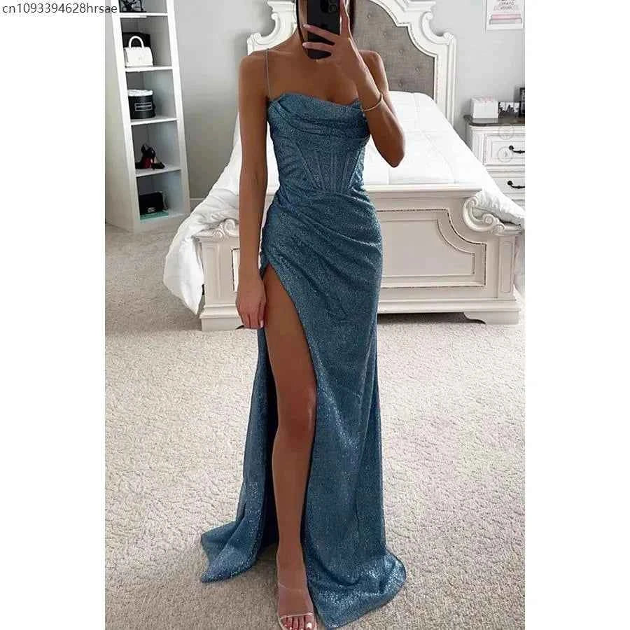 Sexy Off-shoulder Gown Dress Elegant Sequin Maxi Dresses for Evening Party Prom Slip Slim Split Long Canonicals