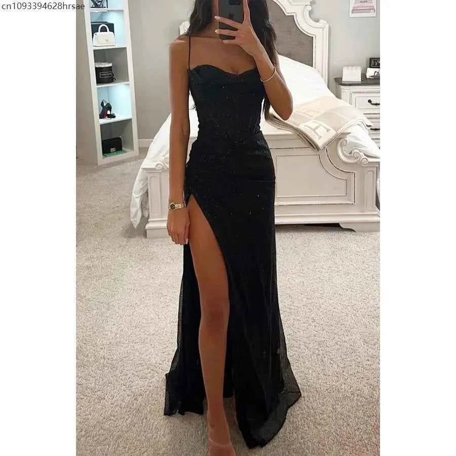 Sexy Off-shoulder Gown Dress Elegant Sequin Maxi Dresses for Evening Party Prom Slip Slim Split Long Canonicals