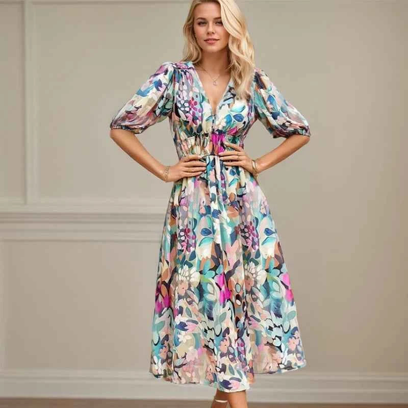 Sexy V Neck Dress For Women Luxury Deep V Neck Quarter Sleeve Elastic Waist Floral Dresses Casual Resort Tea Break A-Line Dress