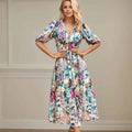 Sexy V Neck Dress For Women Luxury Deep V Neck Quarter Sleeve Elastic Waist Floral Dresses Casual Resort Tea Break A-Line Dress